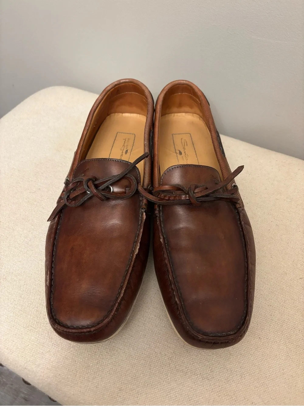 Santoni Men's Brown Leather Driving Shoes Loafers Lace Tie Moc Toe Size 9.5 D US